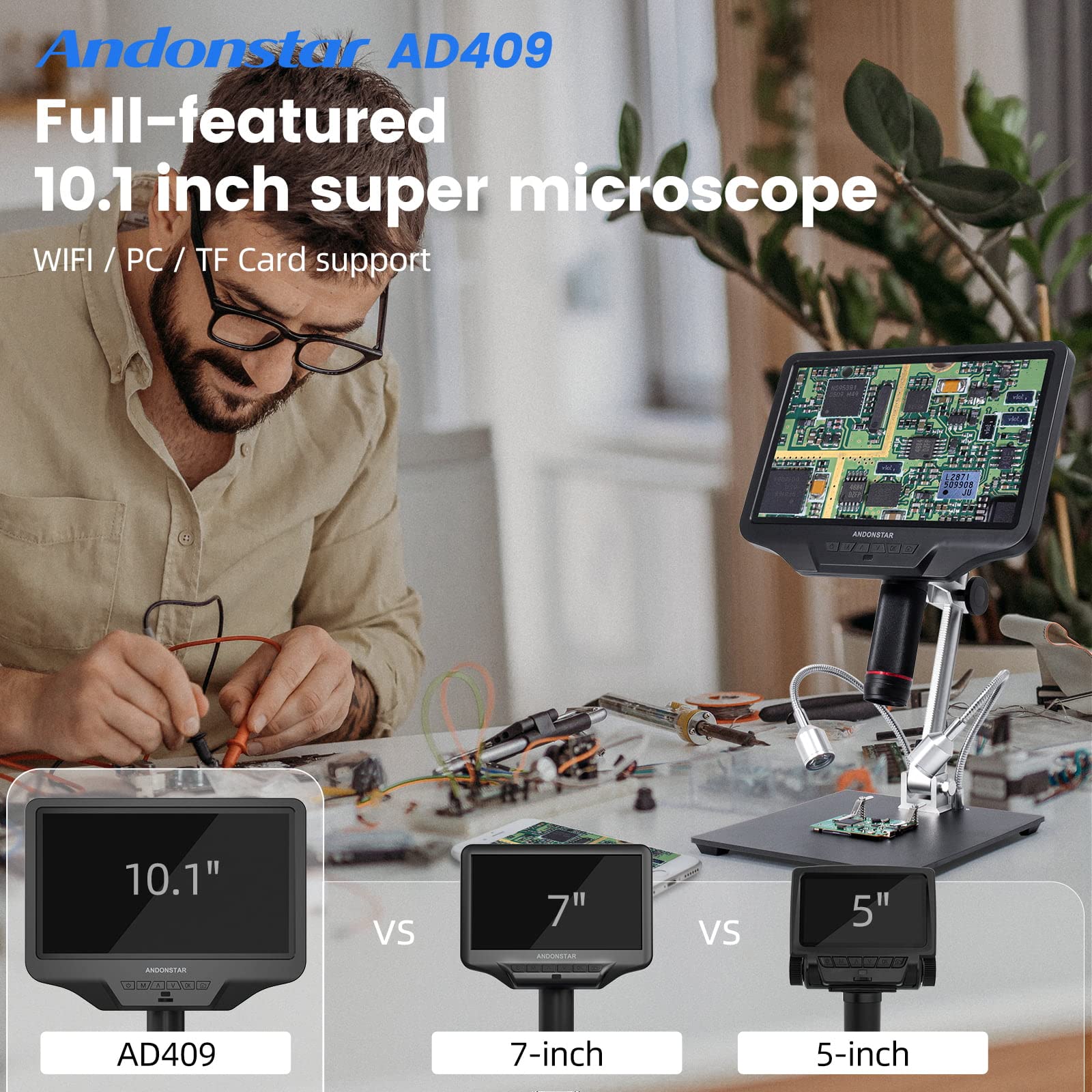 Andonstar Ad409 Hdmi Digital Microscope, 10.1 Inch Lcd Screen Soldering Microscope, 300X Usb Electronic Microscope Camera For Professional Pcb Soldering, Coin Collection, Supports Windows Pc